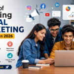 Alt text: A realistic 16:9 blog banner showing a group of young students and recent graduates using a laptop together in a modern workspace while learning digital marketing. The image includes digital marketing icons like social media logos, graphs, email symbols, and growth charts, representing career opportunities, online skills, and future growth in digital marketing after 12th in 2026.