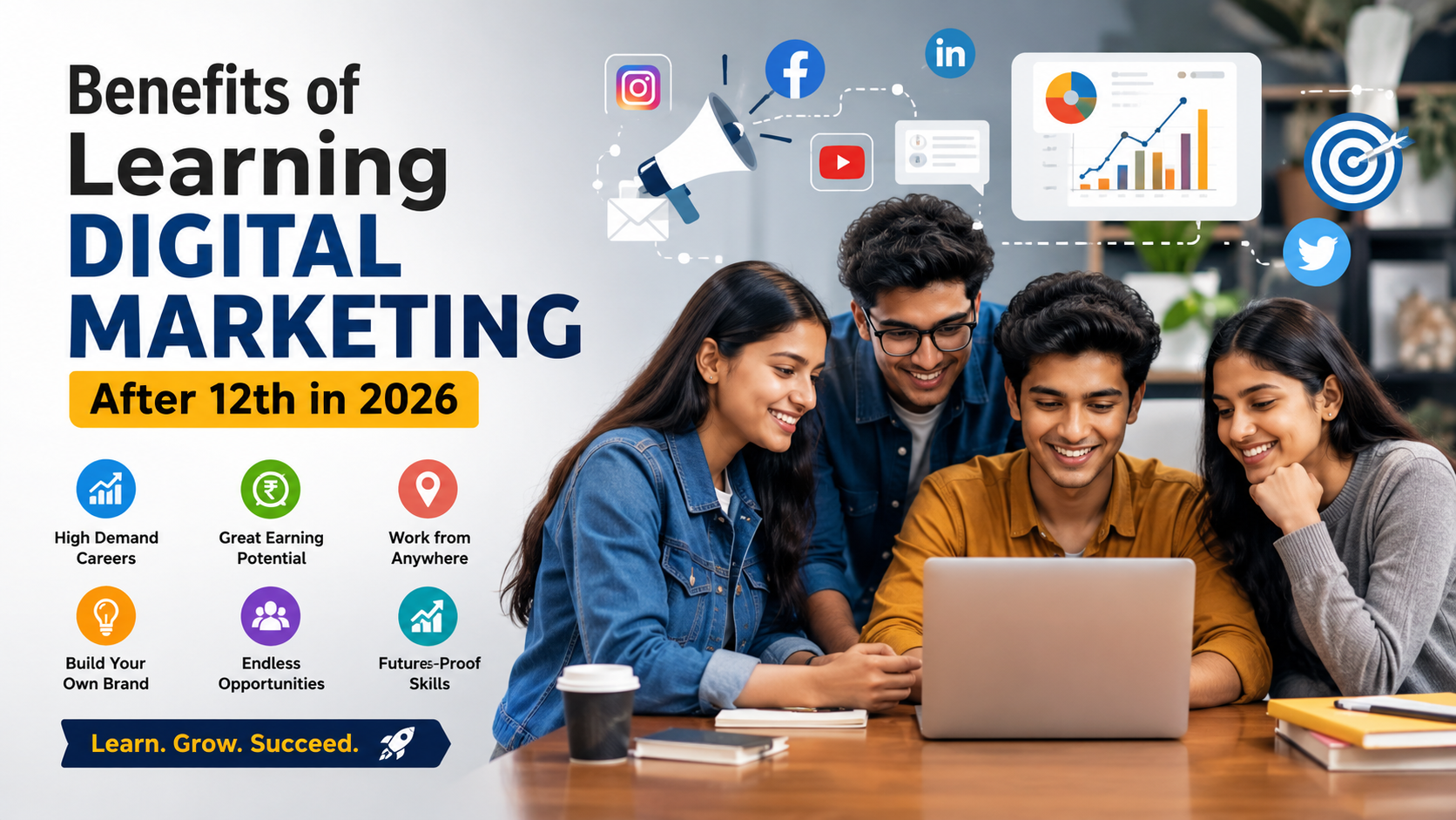 Alt text: A realistic 16:9 blog banner showing a group of young students and recent graduates using a laptop together in a modern workspace while learning digital marketing. The image includes digital marketing icons like social media logos, graphs, email symbols, and growth charts, representing career opportunities, online skills, and future growth in digital marketing after 12th in 2026.
