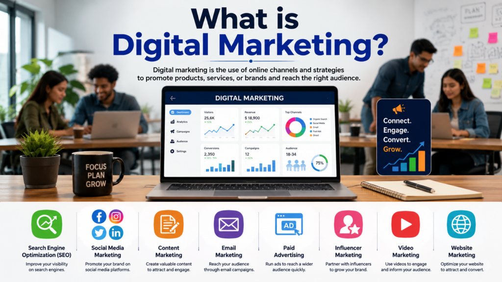 Alt text: A realistic 16:9 digital marketing infographic showing a modern office workspace with young professionals using laptops and collaborating. In the center, a laptop displays a digital marketing dashboard with analytics, graphs, and campaign data. Around the screen are colorful icons representing SEO, social media marketing, content marketing, email marketing, paid advertising, influencer marketing, video marketing, and website marketing. The design uses clean typography, vibrant blue and orange accents, and a professional modern layout suitable for an educational blog about digital marketing.