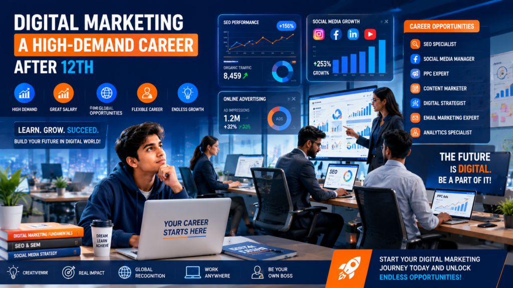 Professional digital marketing workspace showing why digital marketing is a high-demand career after 12th with SEO dashboards, social media growth charts, and online advertising opportunities.
