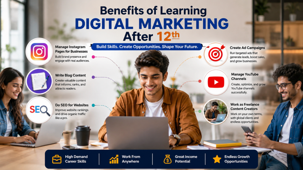 Alt text: A wide 16:9 infographic titled “Benefits of Learning Digital Marketing After 12th” showing three young students working on laptops in a modern co-working space. The central student is using a laptop, surrounded by labeled icons highlighting digital marketing skills: managing Instagram pages for businesses, writing blog content, doing SEO for websites, creating ad campaigns, managing YouTube channels, and working as freelance content creators. A banner reads “Build Skills. Create Opportunities. Shape Your Future.” At the bottom, icons emphasize key advantages: high-demand career skills, work from anywhere, great income potential, and endless growth opportunities.