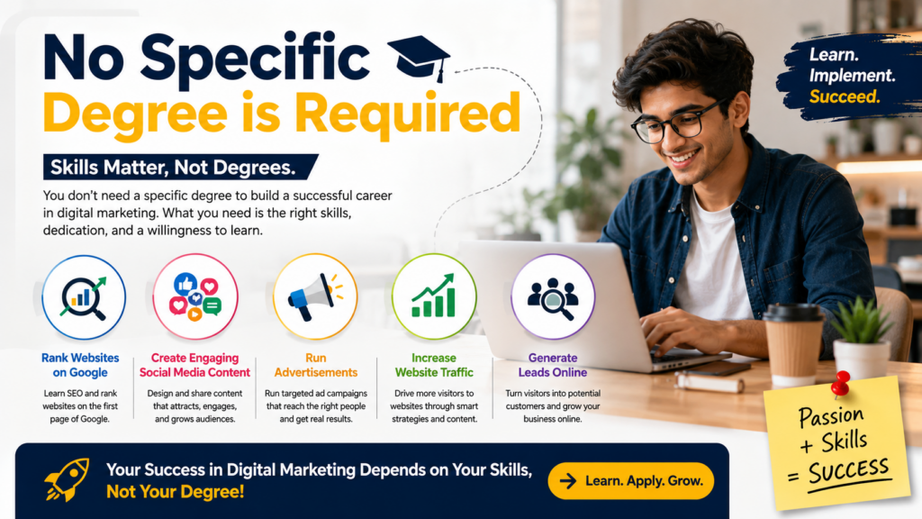 Alt text: A 16:9 infographic titled “No Specific Degree is Required” showing a young man working on a laptop in a modern home office. The design emphasizes that digital marketing success depends on skills rather than formal degrees. Five colorful icons highlight key digital marketing abilities: ranking websites on Google, creating engaging social media content, running advertisements, increasing website traffic, and generating leads online. Supporting text reads “Skills Matter, Not Degrees” and “Passion + Skills = Success,” with a call-to-action banner stating that success in digital marketing depends on skills, not a specific degree.