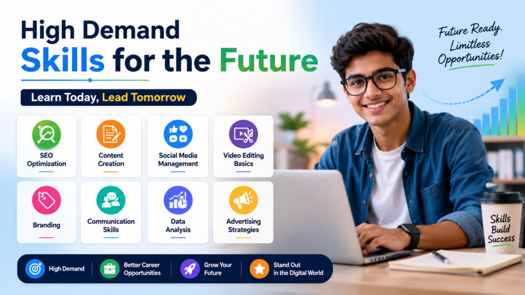 Alt text: A realistic 16:9 digital marketing themed image showing a young student working on a laptop in a modern workspace. The design highlights high demand future skills including SEO optimization, content creation, social media management, video editing basics, branding, communication skills, data analysis, and advertising strategies using colorful icons and clean infographic elements. The image has a professional and motivational look focused on career growth and digital learning.