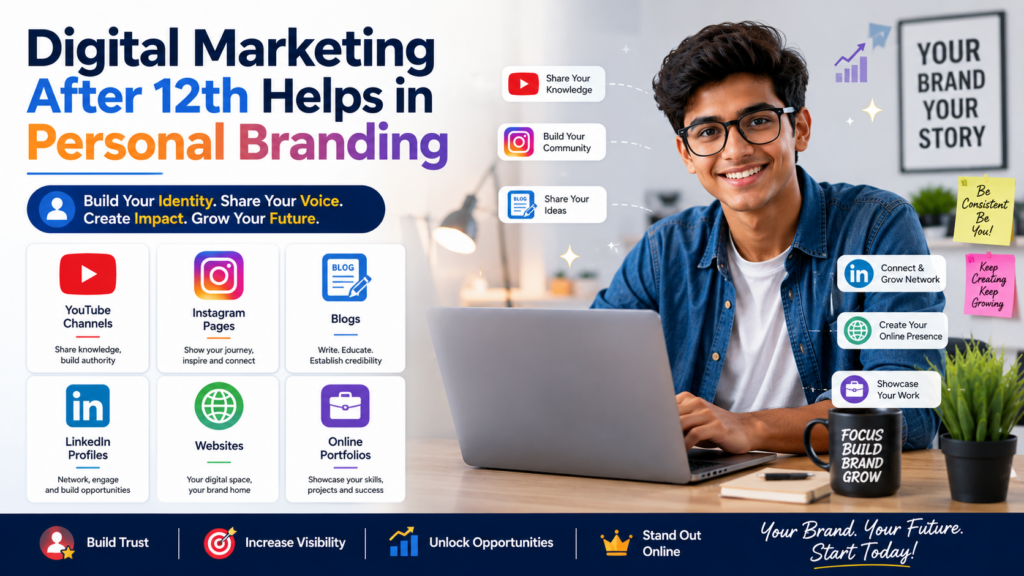 Alt text: A realistic 16:9 digital marketing themed image showing a young student working on a laptop while building a personal brand online. The design highlights platforms like YouTube channels, Instagram pages, blogs, LinkedIn profiles, websites, and online portfolios using colorful icons and modern infographic elements. The background features a clean workspace with branding and growth visuals, representing how digital marketing after 12th helps students create an online identity and career opportunities.
