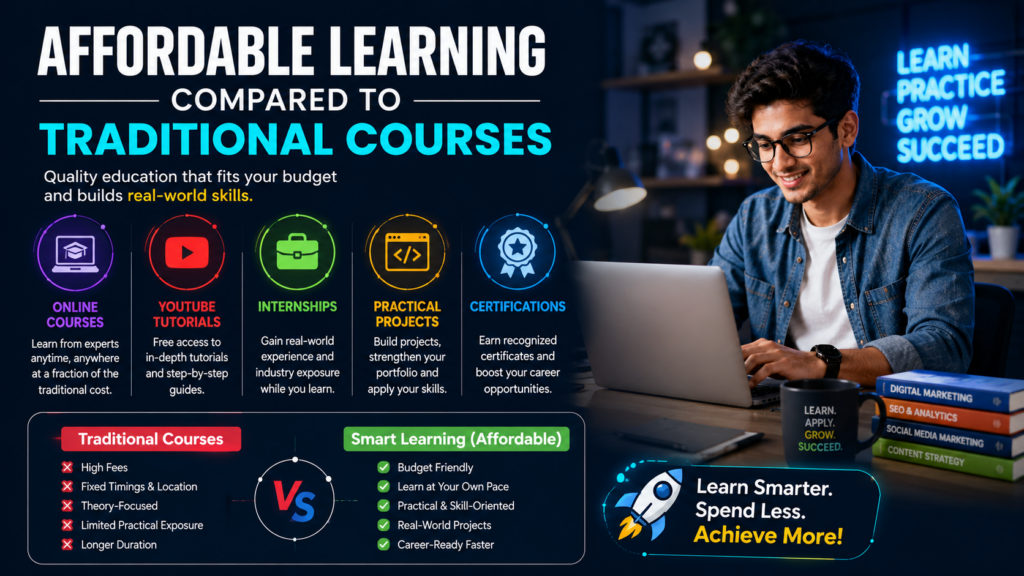 Alt text: A 16:9 infographic titled “Affordable Learning Compared to Traditional Courses” featuring a young student working on a laptop in a modern study space. The design highlights five cost-effective ways to learn digital marketing: online courses, YouTube tutorials, internships, practical projects, and certifications. A comparison section contrasts traditional courses with affordable learning, showing benefits such as lower cost, self-paced study, hands-on experience, and faster career growth. Bright neon icons and bold text create a modern, energetic look, with the message “Learn Smarter. Spend Less. Achieve More!” prominently displayed.