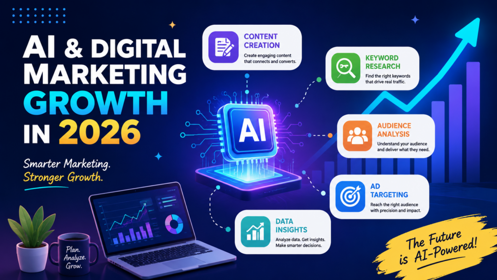 Alt text: A futuristic 16:9 digital marketing illustration showing AI-powered marketing growth in 2026. The image features a glowing AI chip connected to digital marketing elements like content creation, keyword research, audience analysis, ad targeting, and data insights. A laptop with analytics charts, rising growth graphs, and modern infographic icons create a professional and attractive visual focused on AI-driven digital marketing strategies without any human faces.