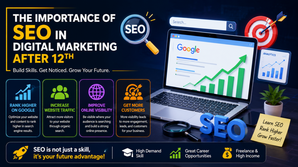 Alt text: A 16:9 infographic titled “The Importance of SEO in Digital Marketing After 12th” with a clean, technology-themed design and no people. The image features a laptop displaying Google search results and a rising green analytics graph, along with SEO-related elements such as a magnifying glass, search bar, target icon, and analytics dashboard. Four highlighted benefit boxes explain how SEO helps to rank higher on Google, increase website traffic, improve online visibility, and get more customers. A banner at the bottom emphasizes that SEO is a high-demand skill with strong career opportunities, freelance potential, and high income.