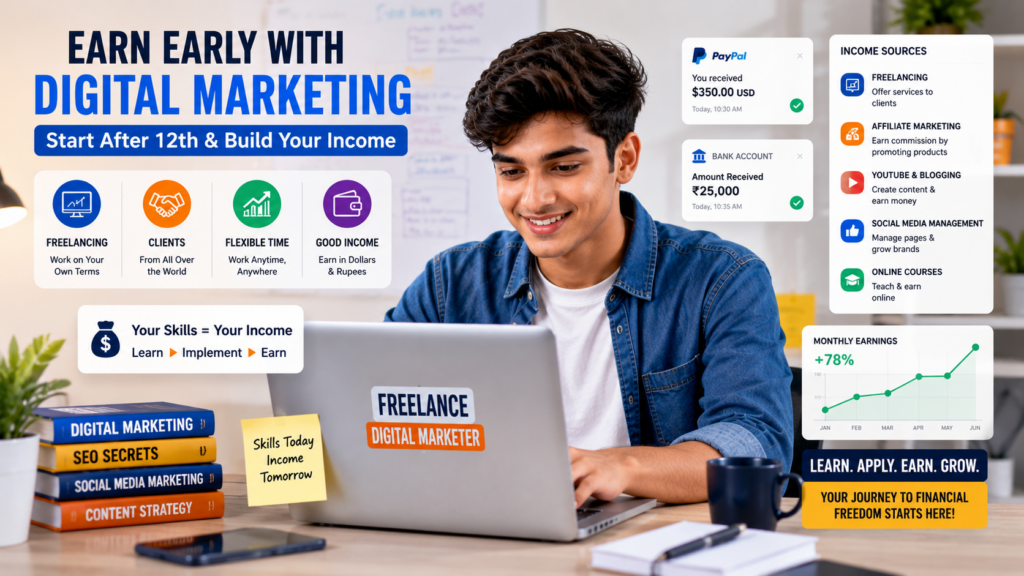 Modern digital marketing illustration showing a student earning online after 12th through freelancing, affiliate marketing, blogging, and social media management with income dashboards and remote work opportunities.
