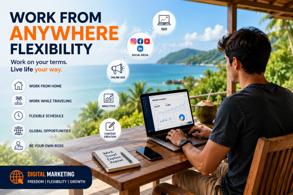 Modern digital marketing lifestyle image showing work-from-anywhere flexibility with remote work, SEO, social media marketing, analytics, and online career opportunities from a tropical workspace.
