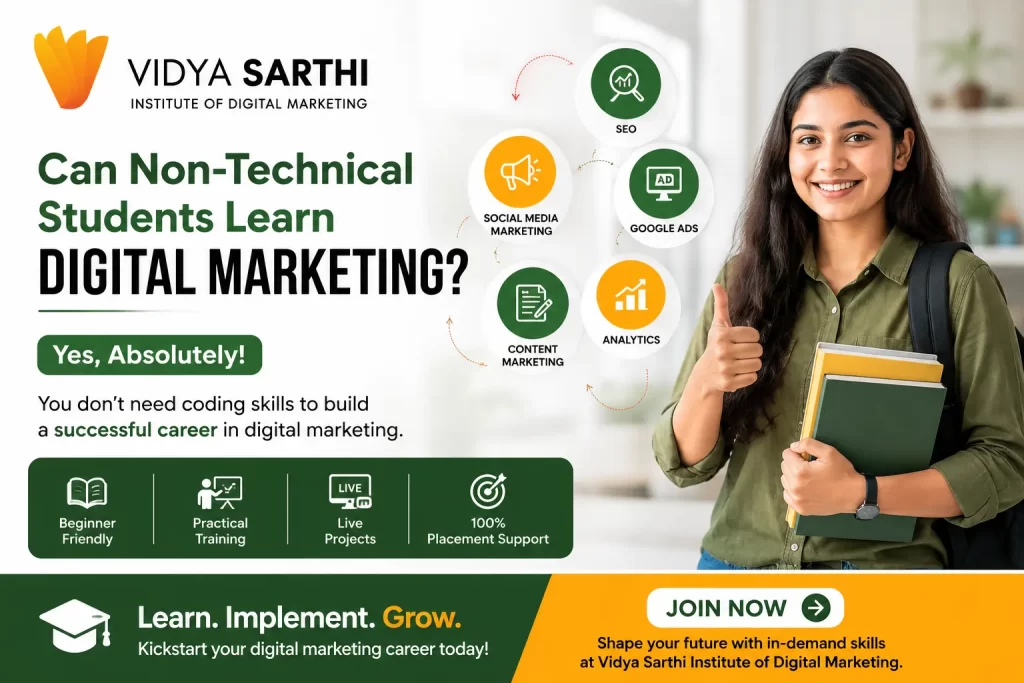 Non-technical students learning digital marketing at Vidya Sarthi – practical digital marketing course for arts, commerce, and non-tech students.